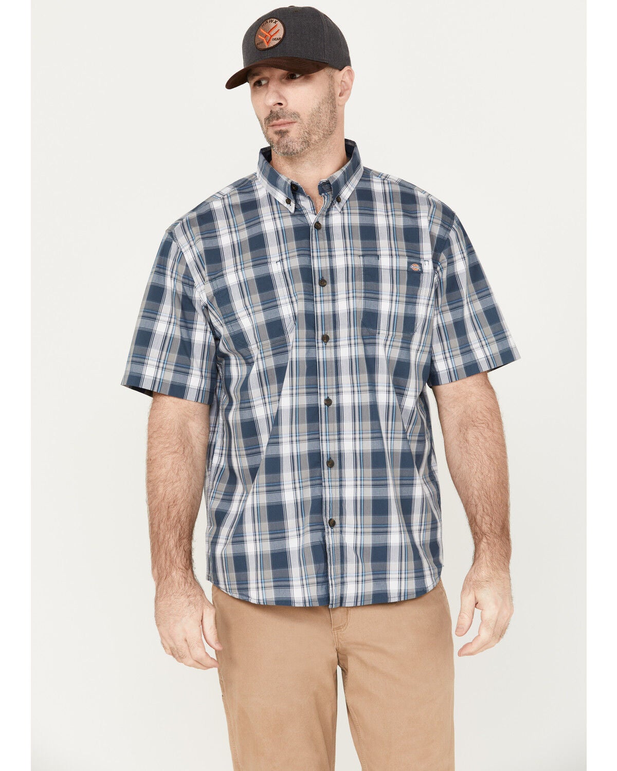 Image #1 - Dickies Men's Plaid Print Relaxed Fit Flex Short Sleeve Button-Down Work Shirt, Blue, hi-res