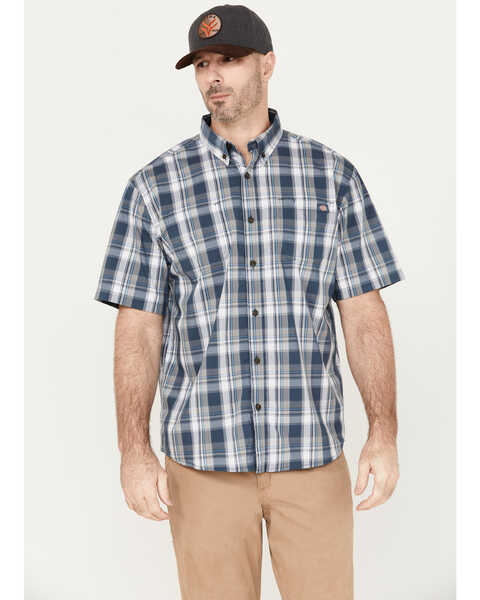 Image #1 - Dickies Men's Plaid Print Relaxed Fit Flex Short Sleeve Button Down Work Shirt, Blue, hi-res