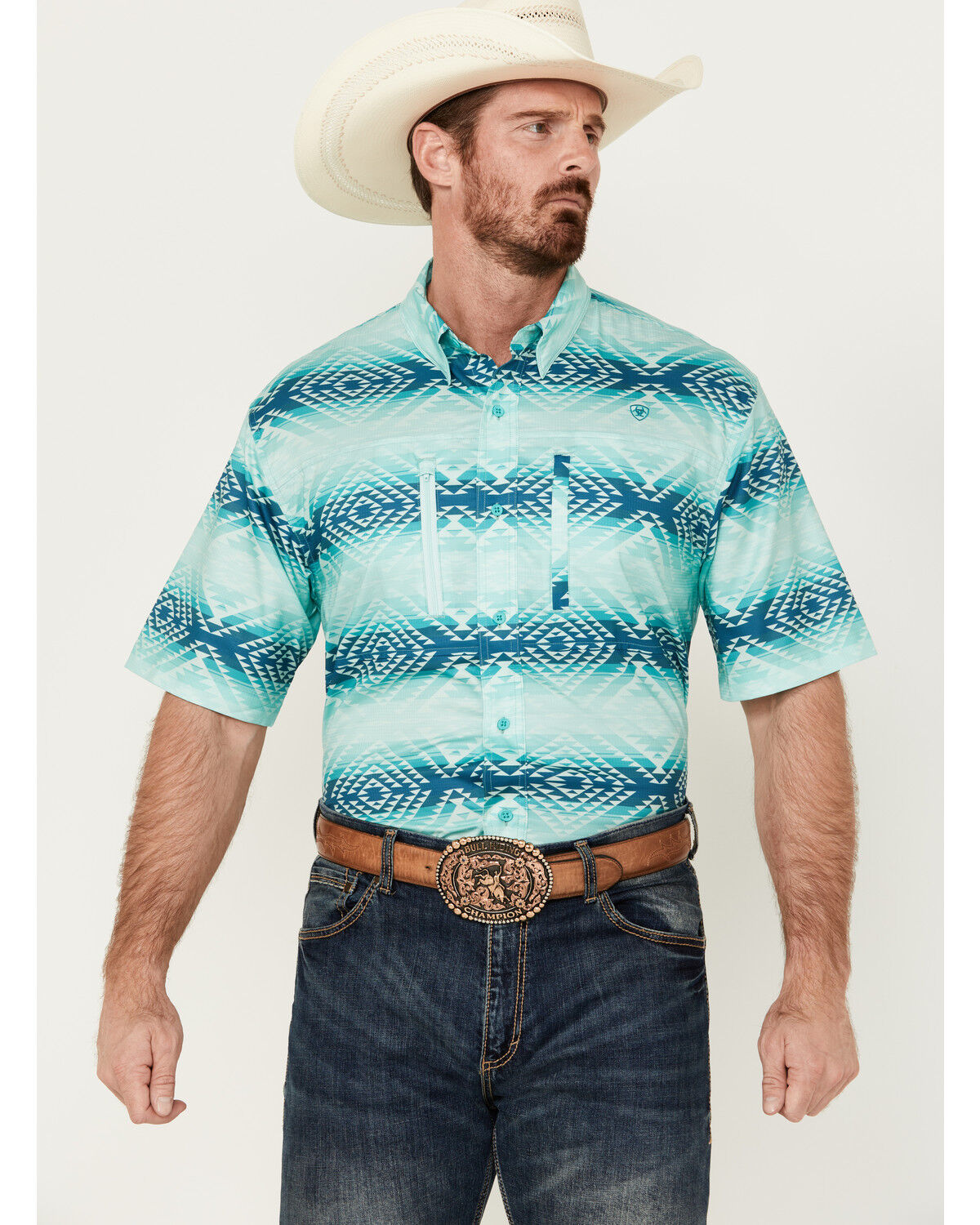Image #1 - Ariat Men's VentTEK Classic Fit Southwestern Striped Short Sleeve Performance Shirt - Tall, Aqua, hi-res