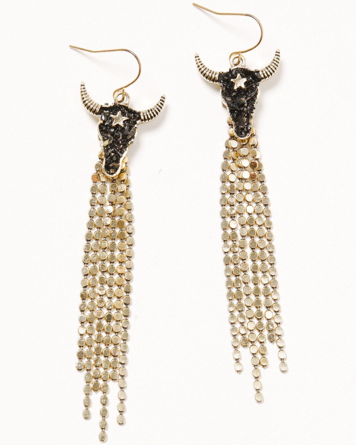 Shyanne Women's Steerhead Fringe Earrings, Gold, hi-res