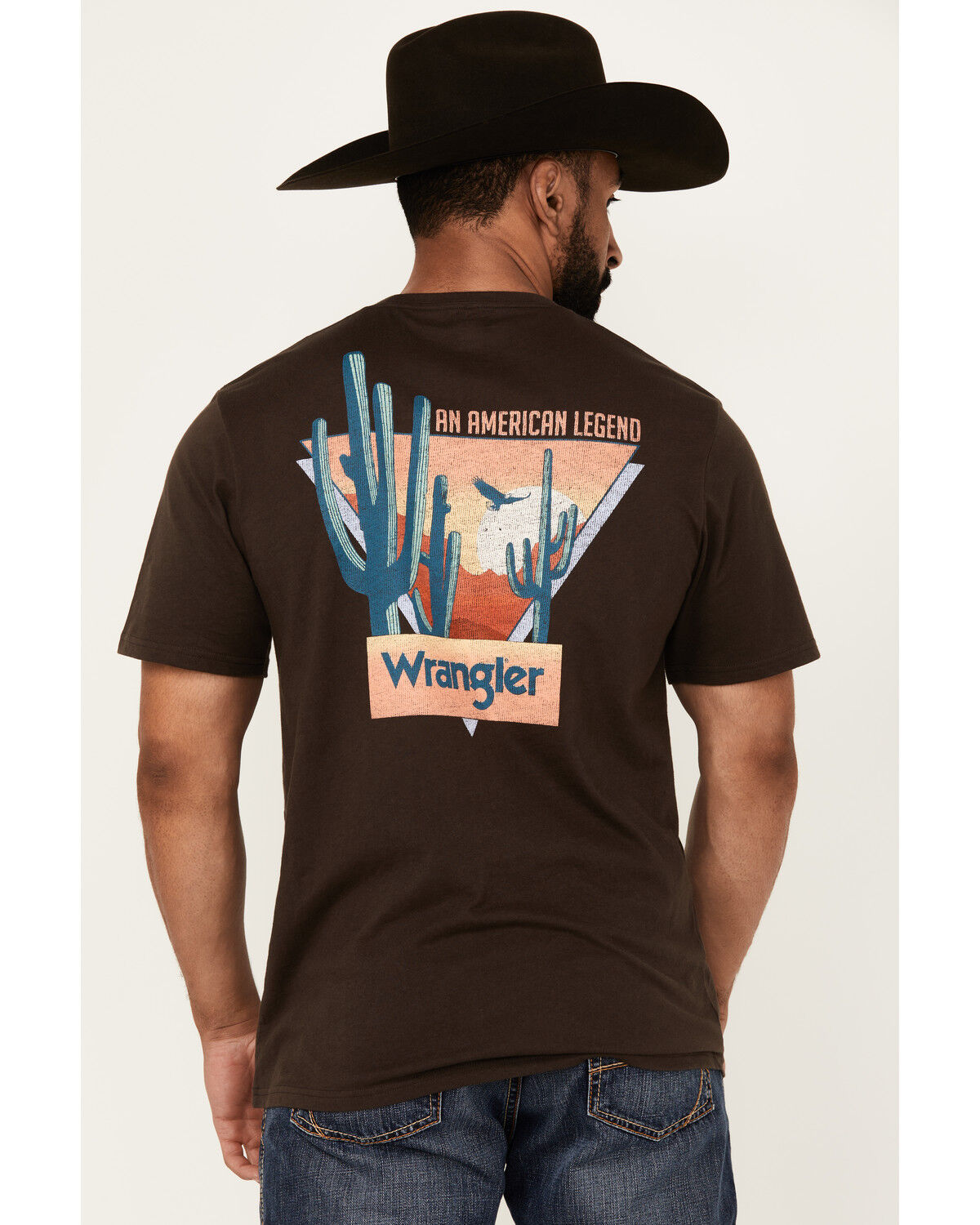 Image #1 - Wrangler Men's Boot Barn Exclusive Desert Scene Short Sleeve Graphic T-Shirt, Chocolate, hi-res