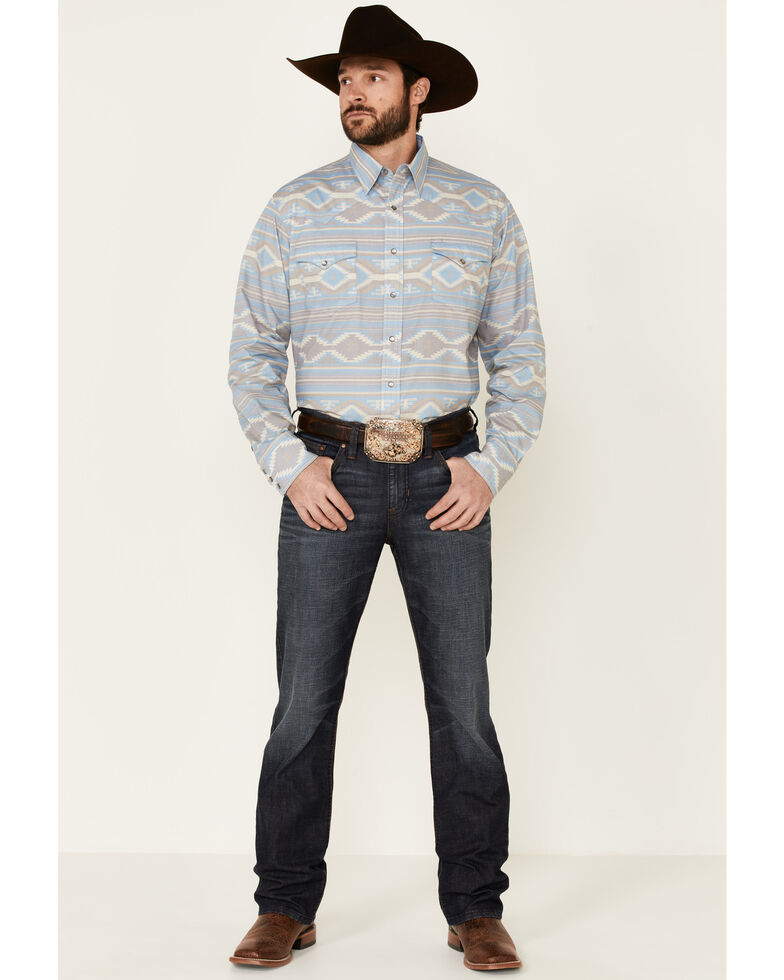 West Made Men's Faded Southwestern Print Long Sleeve Snap Western Shirt , Blue, hi-res