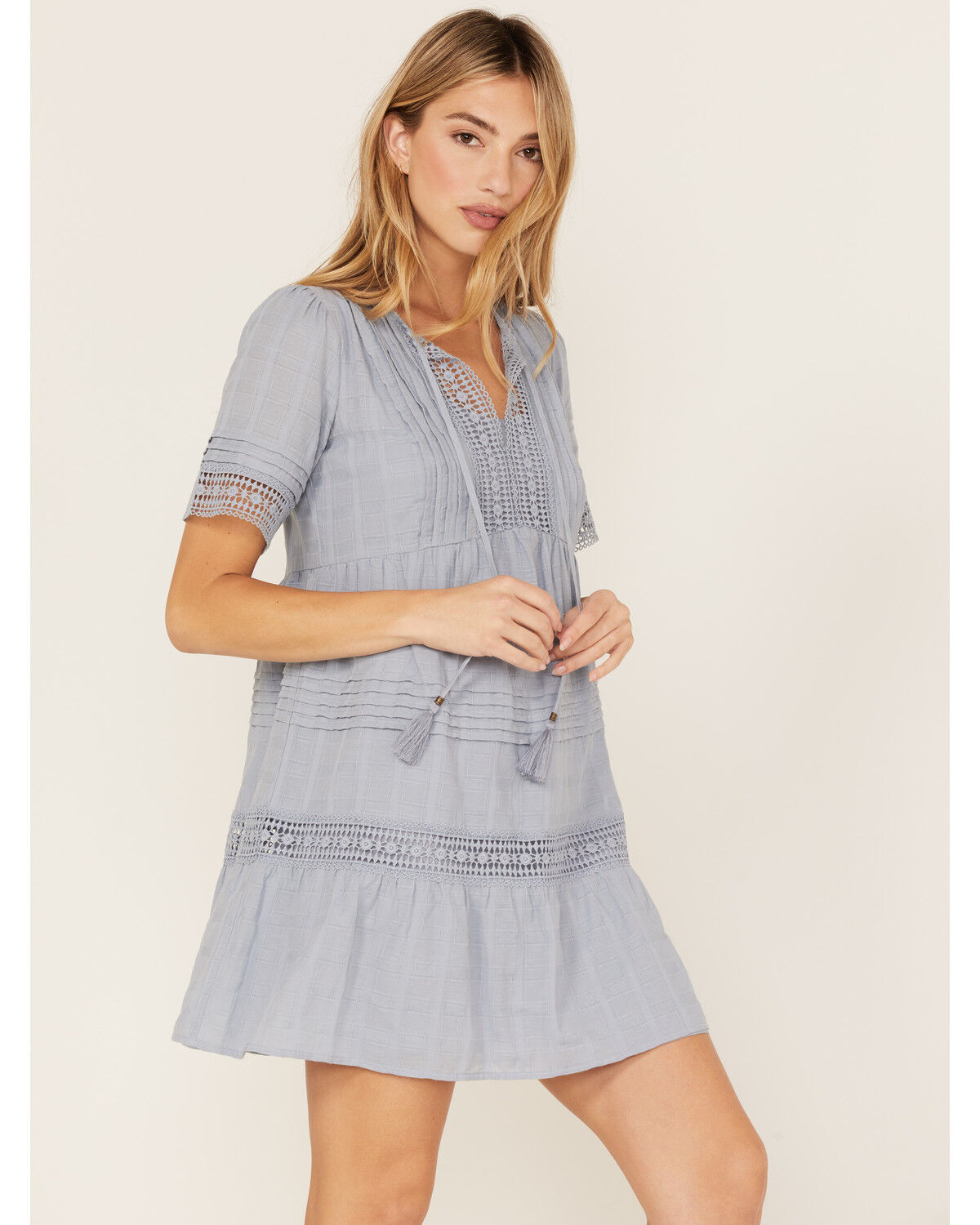 Image #1 - Jolt Women's Crochet Trim Tassel Short Sleeve Mini Dress, , hi-res