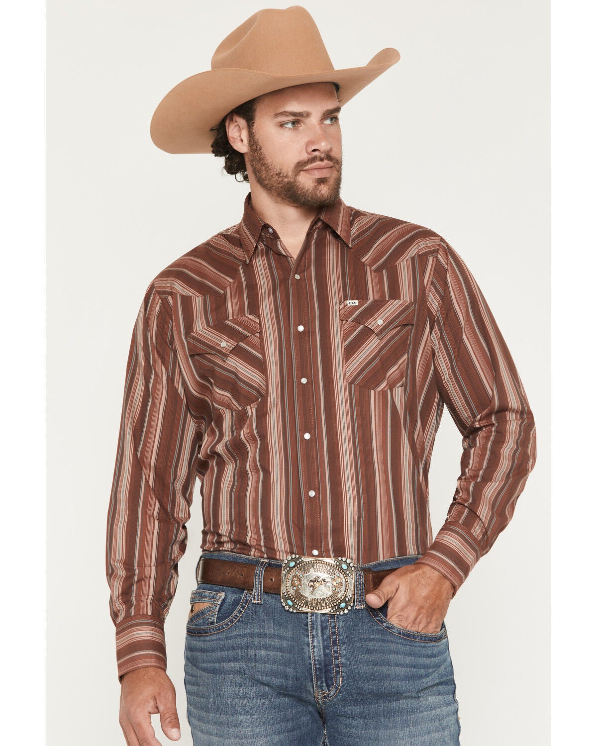 Image #1 - Ely Walker Men's Stripe Print Long Sleeve Snap Western Shirt, Burgundy, hi-res