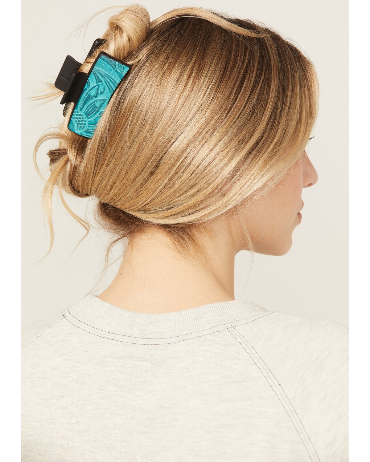 Shyanne Women's Tooled Floral Leather Hair Clip, Turquoise, hi-res