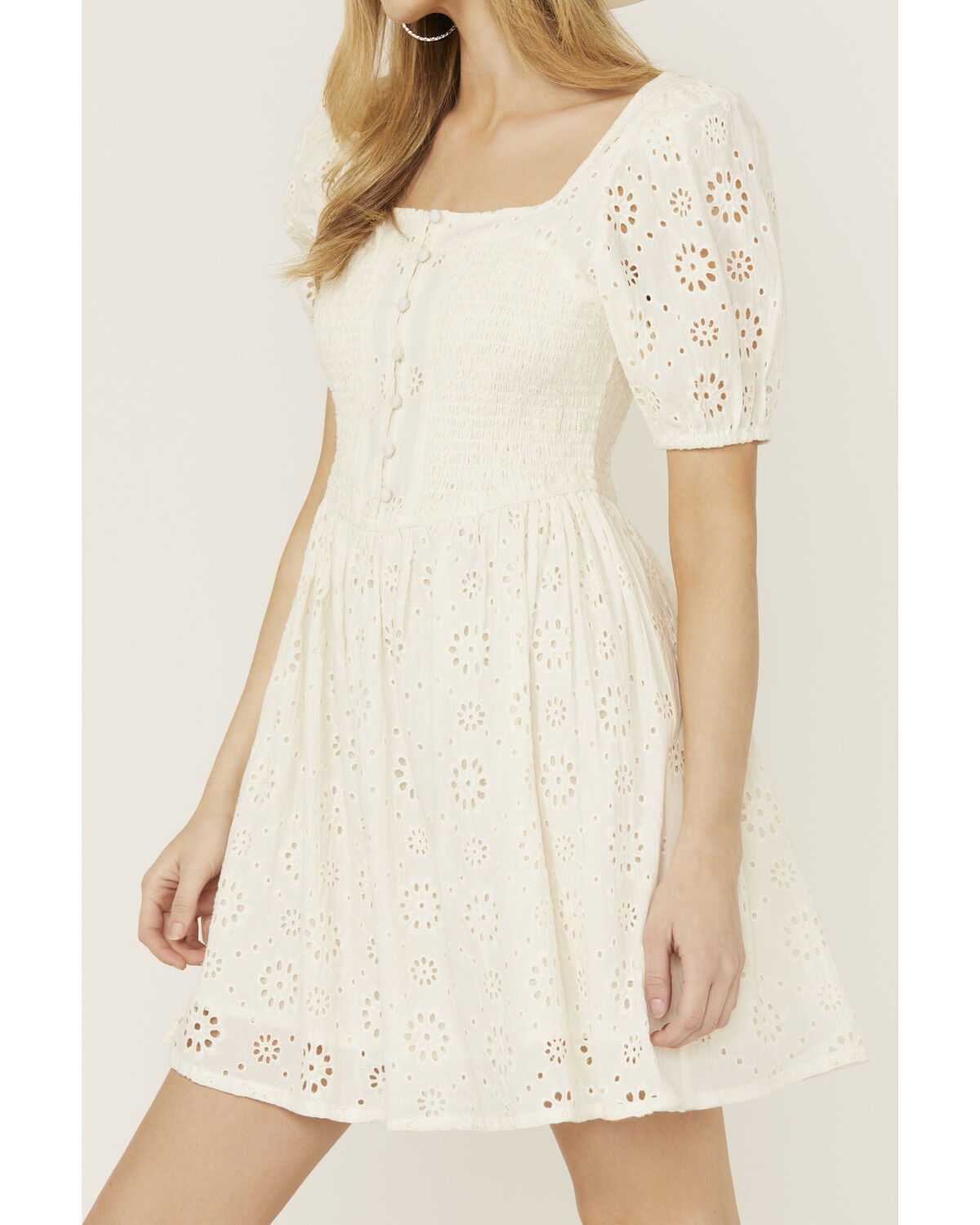 Image #3 - Rock & Roll Denim Women's Eyelet Short Sleeve Mini Dress, Cream, hi-res