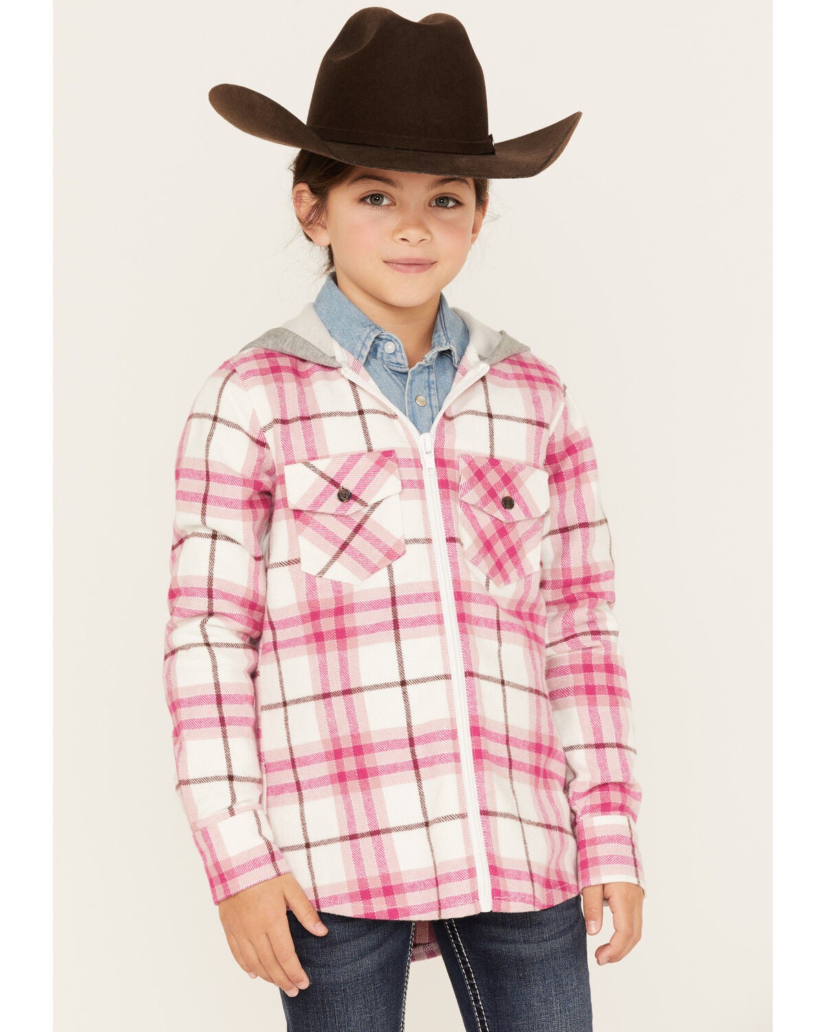 Shyanne Girls' Plaid Print Long Sleeve Flannel Shacket, Ivory, hi-res