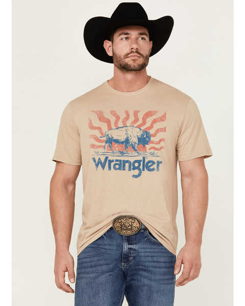 Wrangler Men's Buffalo Logo Short Sleeve Graphic Print T-Shirt , Tan, hi-res