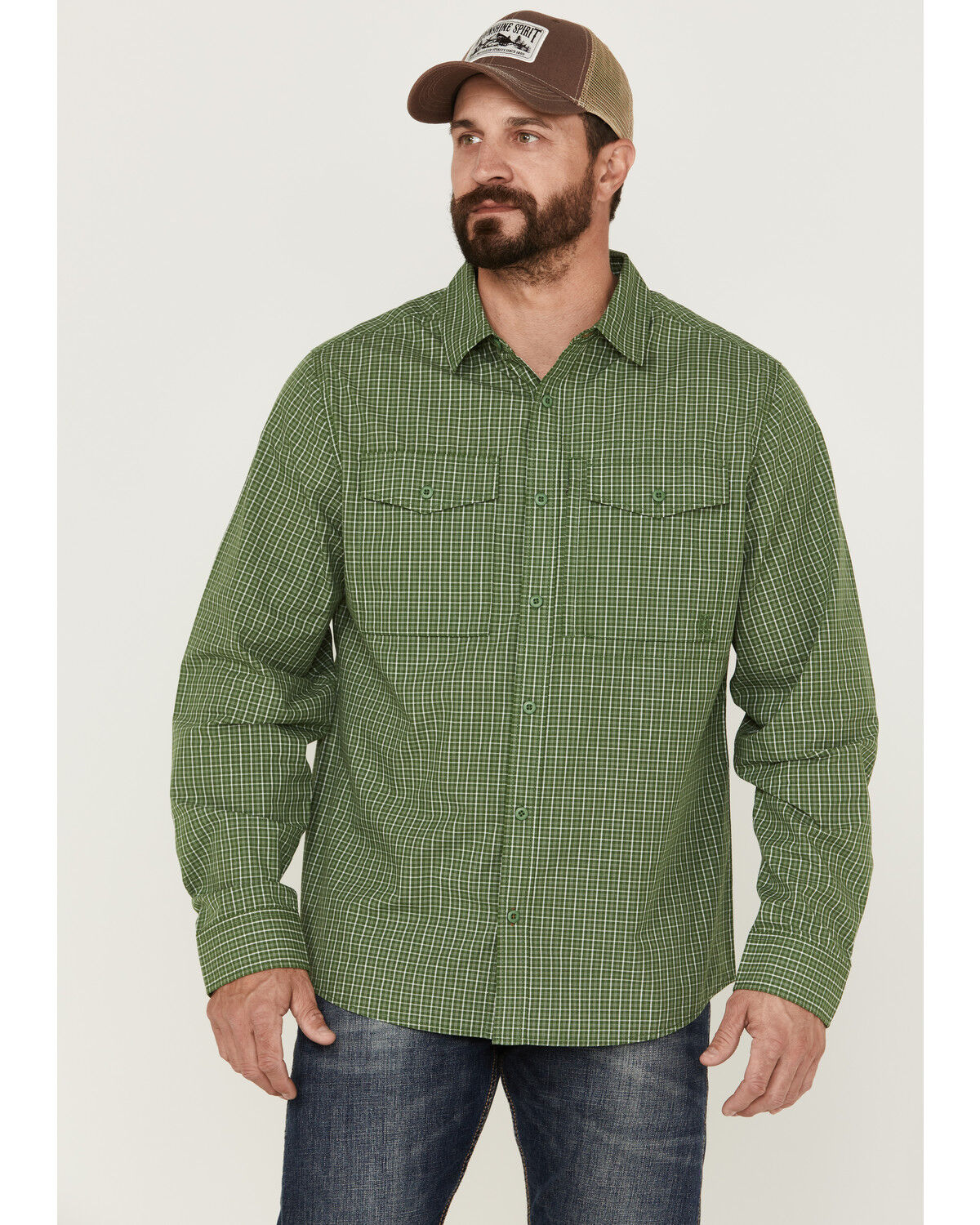 Image #1 - Brothers and Sons Men's Small Plaid Long Sleeve Button Down Western Shirt, Kelly Green, hi-res