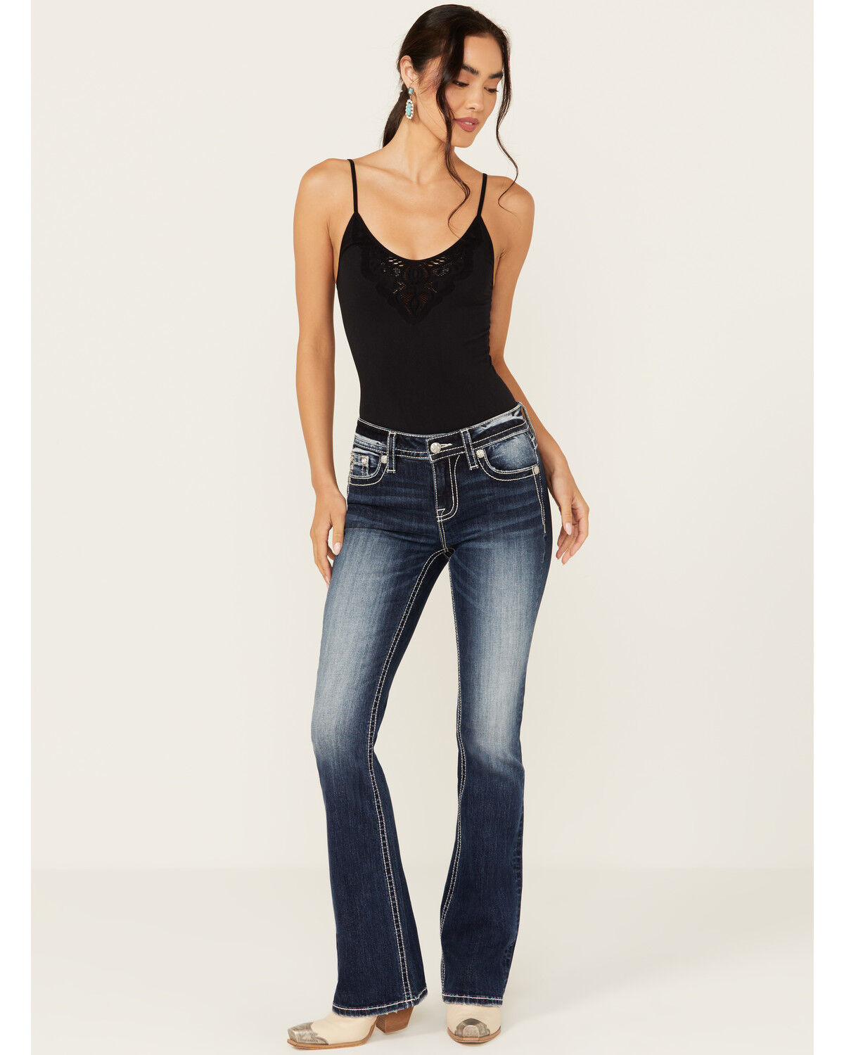 Image #3 - Miss Me Women's Dark Wash Fleur de Lis Bootcut Stretch Denim Jeans, Dark Wash, hi-res