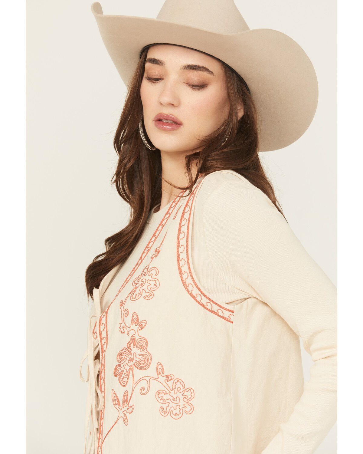 Image #2 - Easel Women's Floral Embroidered Tie-Front Vest, Cream, hi-res