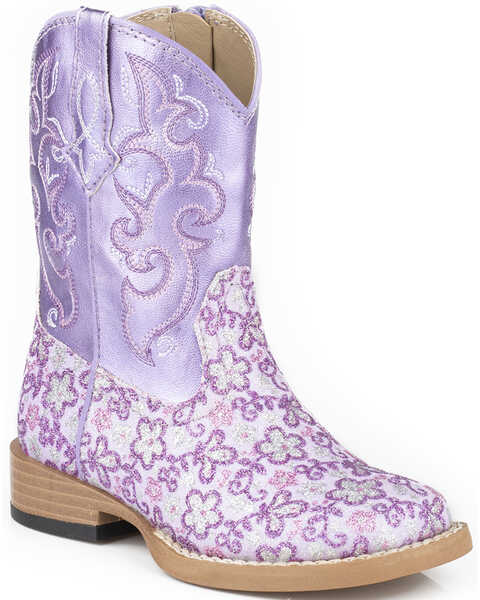 Roper Toddler Girls' Lavender Floral Glitter Western Boots - Square Toe , Purple, hi-res