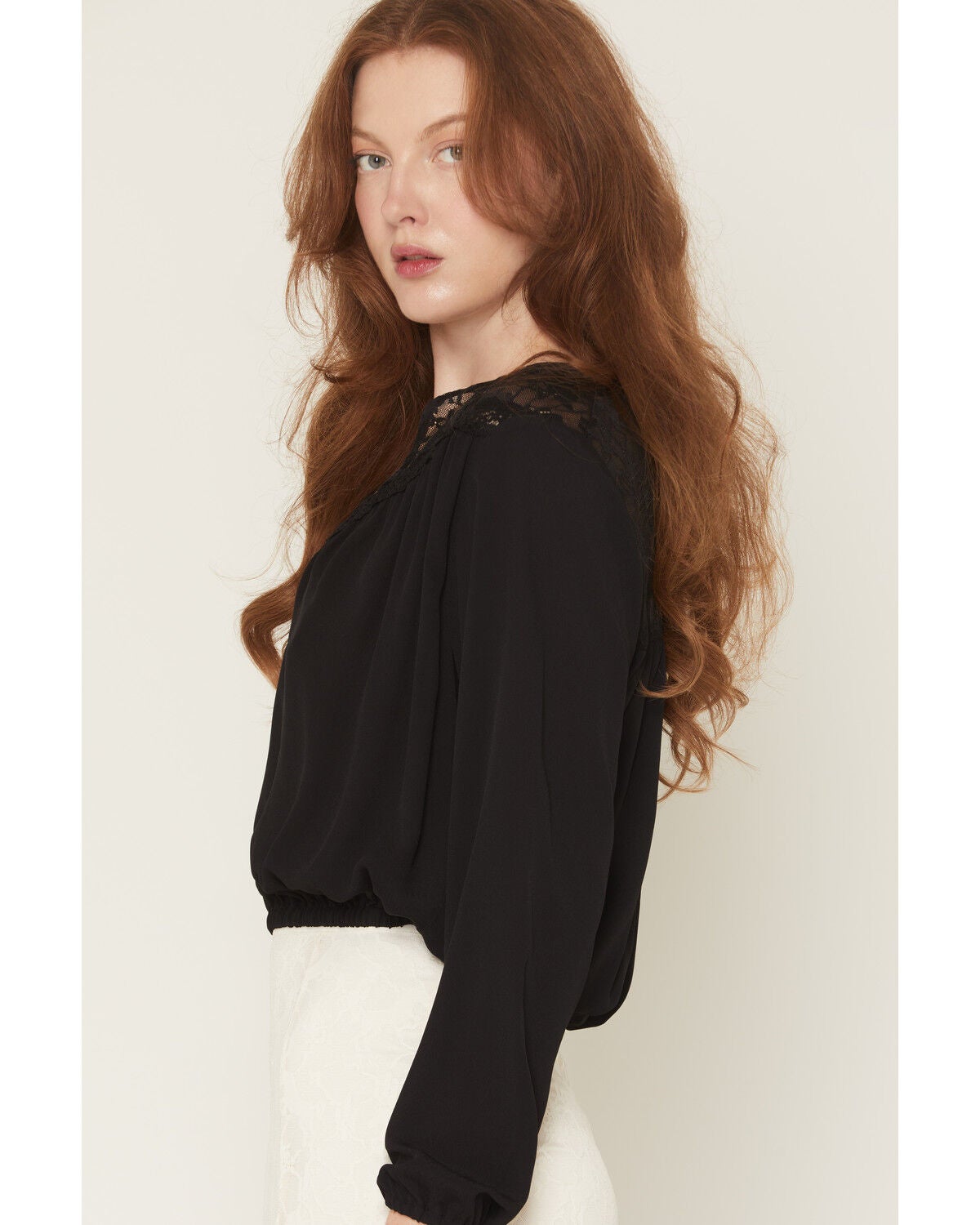 Image #2 - Idyllwind Women's Wren Lace Trim Long Sleeve Georgette Top, Black, hi-res
