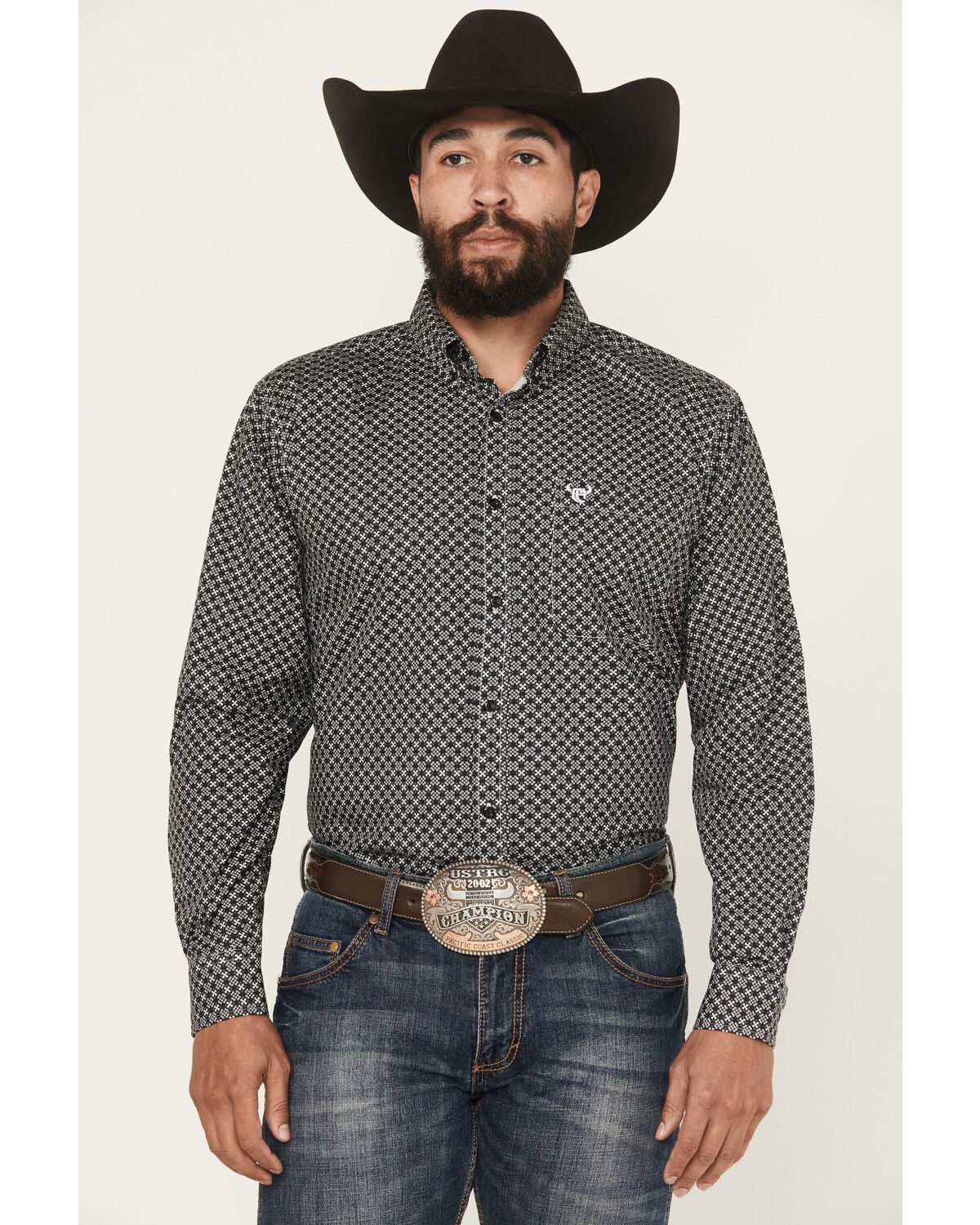 Image #1 - Cowboy Hardware Men's Geo Floral Print Long Sleeve Button-Down Western Shirt, Black, hi-res