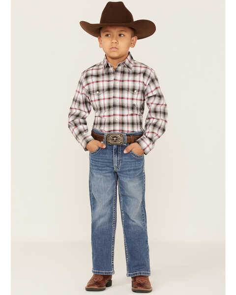 Image #2 - Roper Boys' Amarillo Plaid Print Long Sleeve Western Pearl Snap Shirt, Black, hi-res