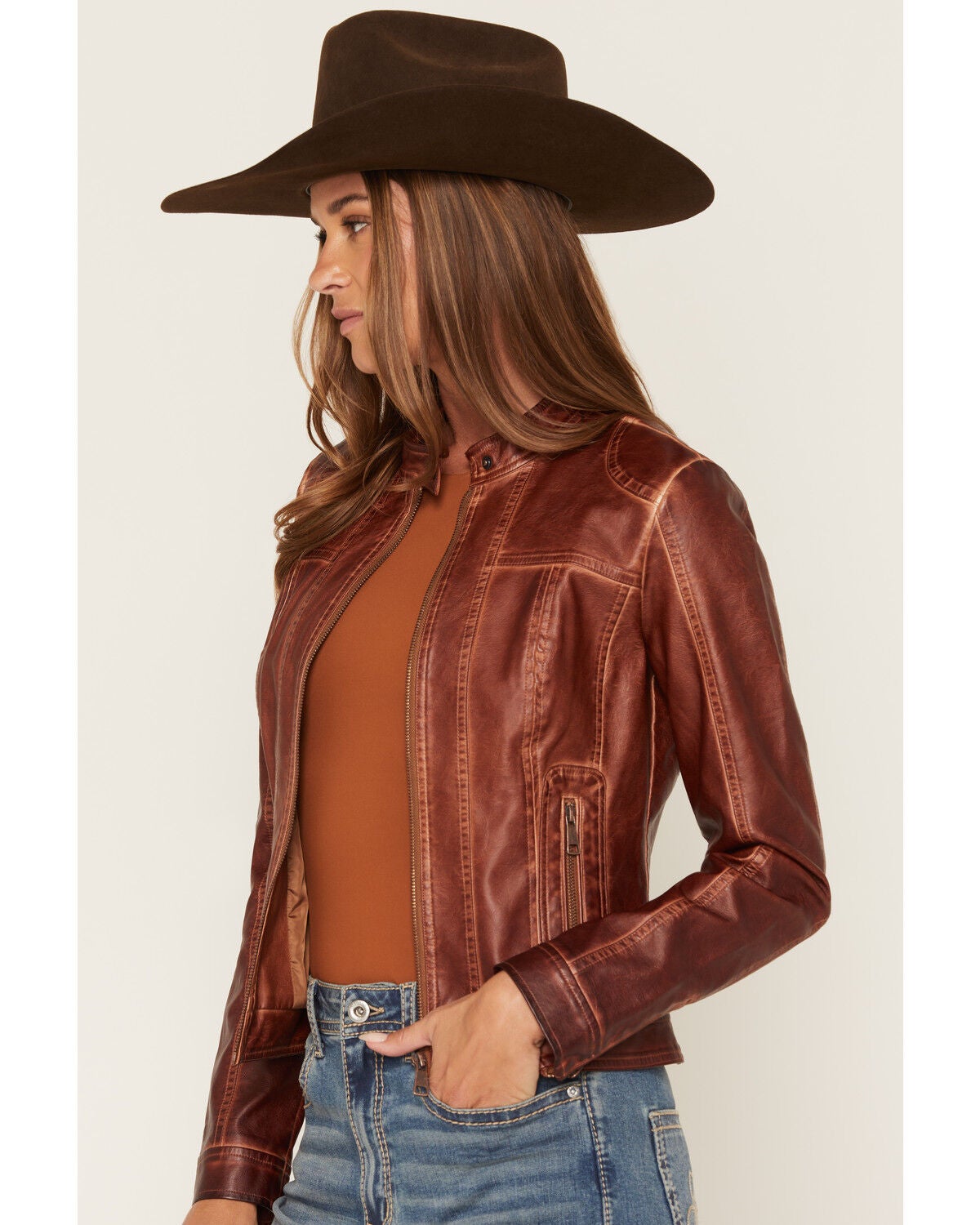 Image #2 - 26 International Women's Faux Leather Jacket, Brown, hi-res