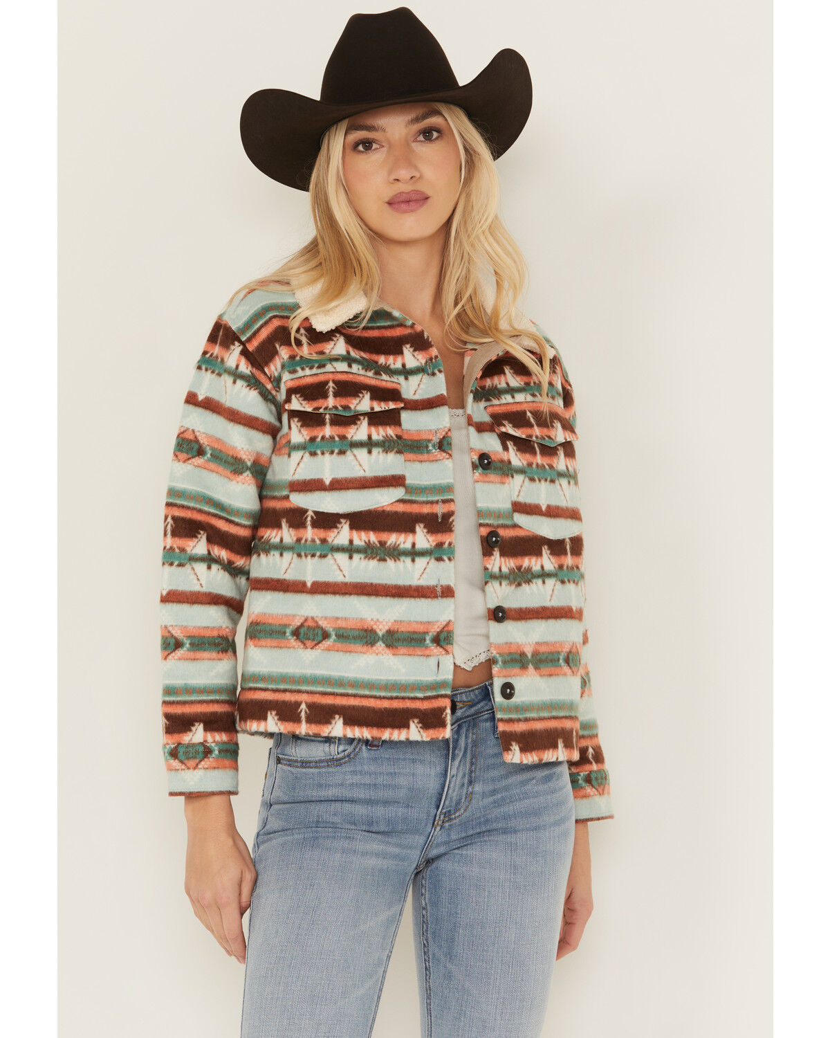 Image #1 - Rock & Roll Denim Women's Southwestern Print Sherpa Jacket, Blue, hi-res