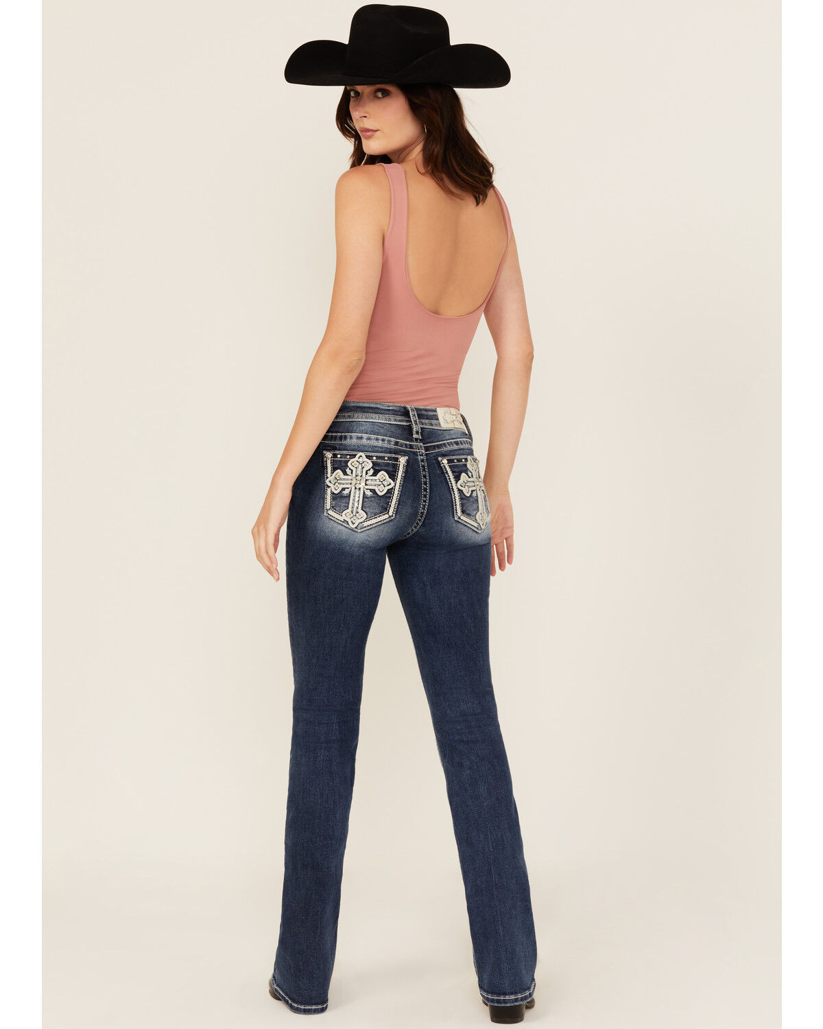 Image #1 - Miss Me Women's Dark Wash Mid Rise Cross Pocket Bootcut Stretch Denim Jeans, Dark Wash, hi-res
