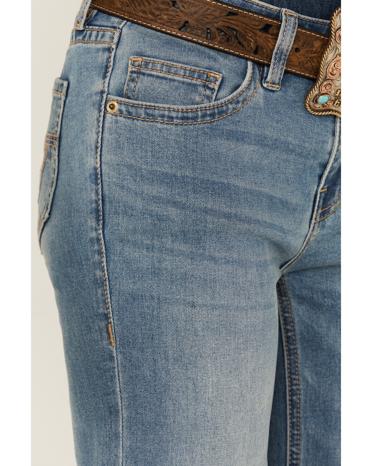 Image #4 - Rock & Roll Denim Women's Light Wash Mid Rise Embroidered Trouser Stretch Denim Jeans, Light Wash, hi-res