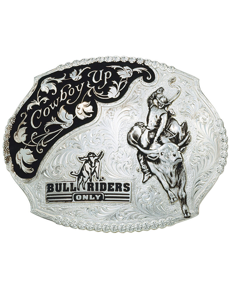 Montana Silversmiths Cowboy Up Bull Riders Only Western Belt Buckle, Silver, hi-res