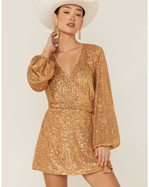 Image #4 - Free People Women's Christa Sequin Long Sleeve Romper, Gold, hi-res