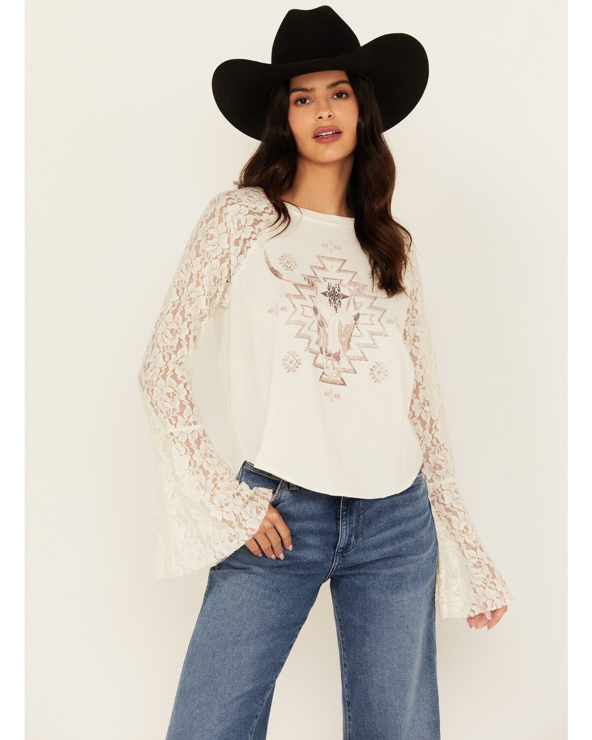 Image #1 - Shyanne Women's Steer Lace Long Sleeve Graphic Tee, Off White, hi-res