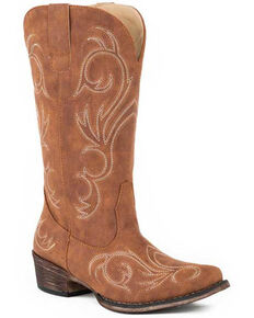 Roper Women's All Over Embroidery Western Boots - Round Toe, Tan, hi-res