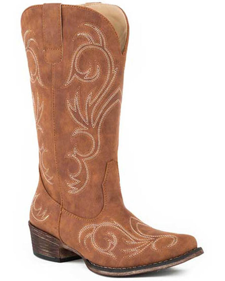 Roper Women's All Over Embroidery Western Boots - Round Toe, Tan, hi-res