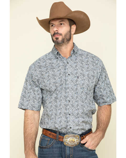 Image #1 - Tuf Cooper Men's Competition White Stretch Paisley Print Short Sleeve Western Shirt , Blue, hi-res