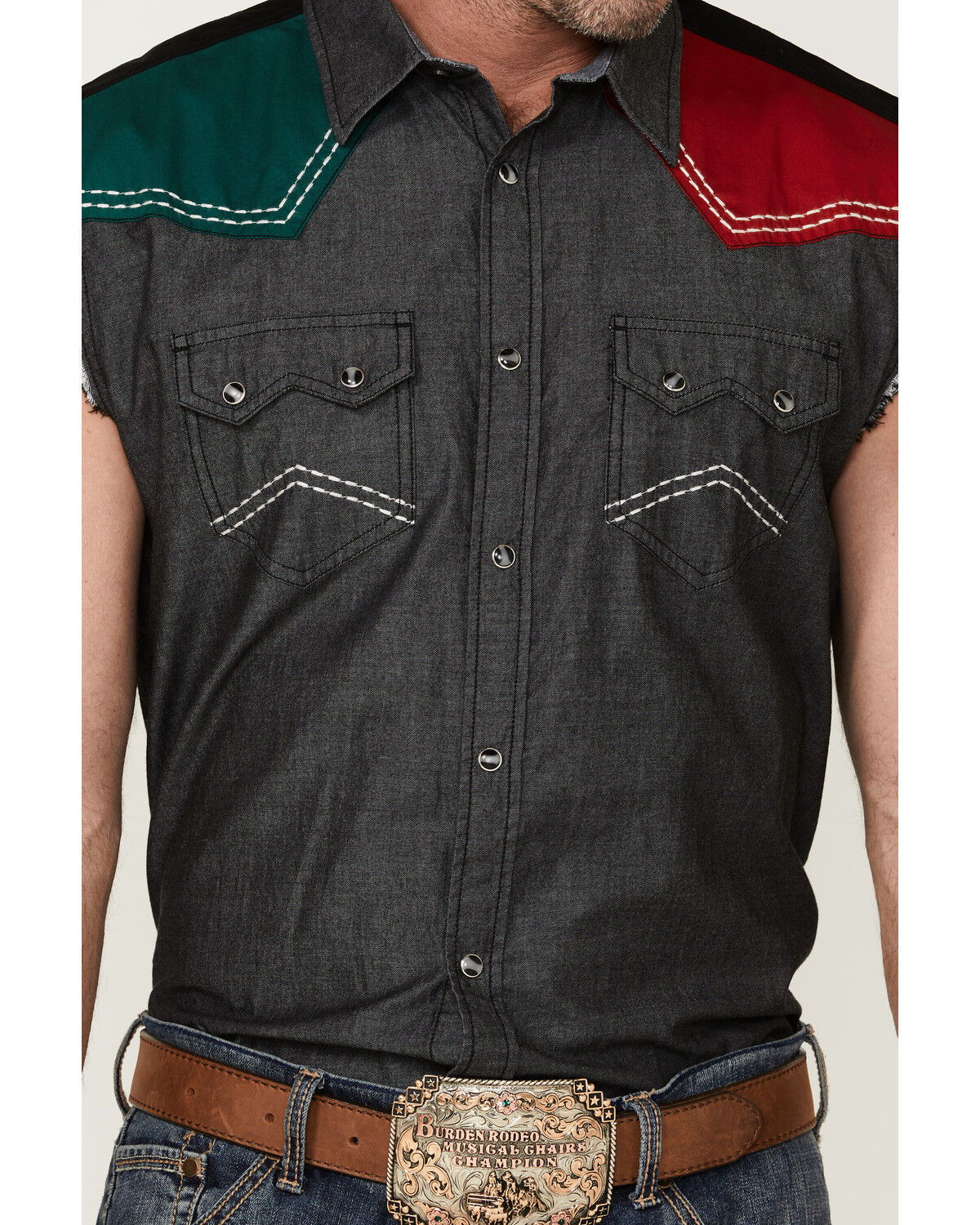 Image #3 - Cody James Men's Mexico Flag Eagle Bubba Sleeveless Snap Western Shirt, Charcoal, hi-res