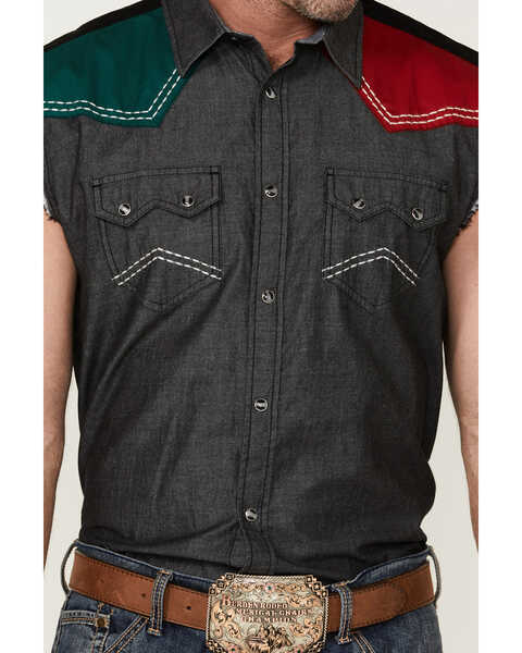 Image #3 - Cody James Men's Mexico Flag Eagle Bubba Sleeveless Snap Western Shirt , Charcoal, hi-res