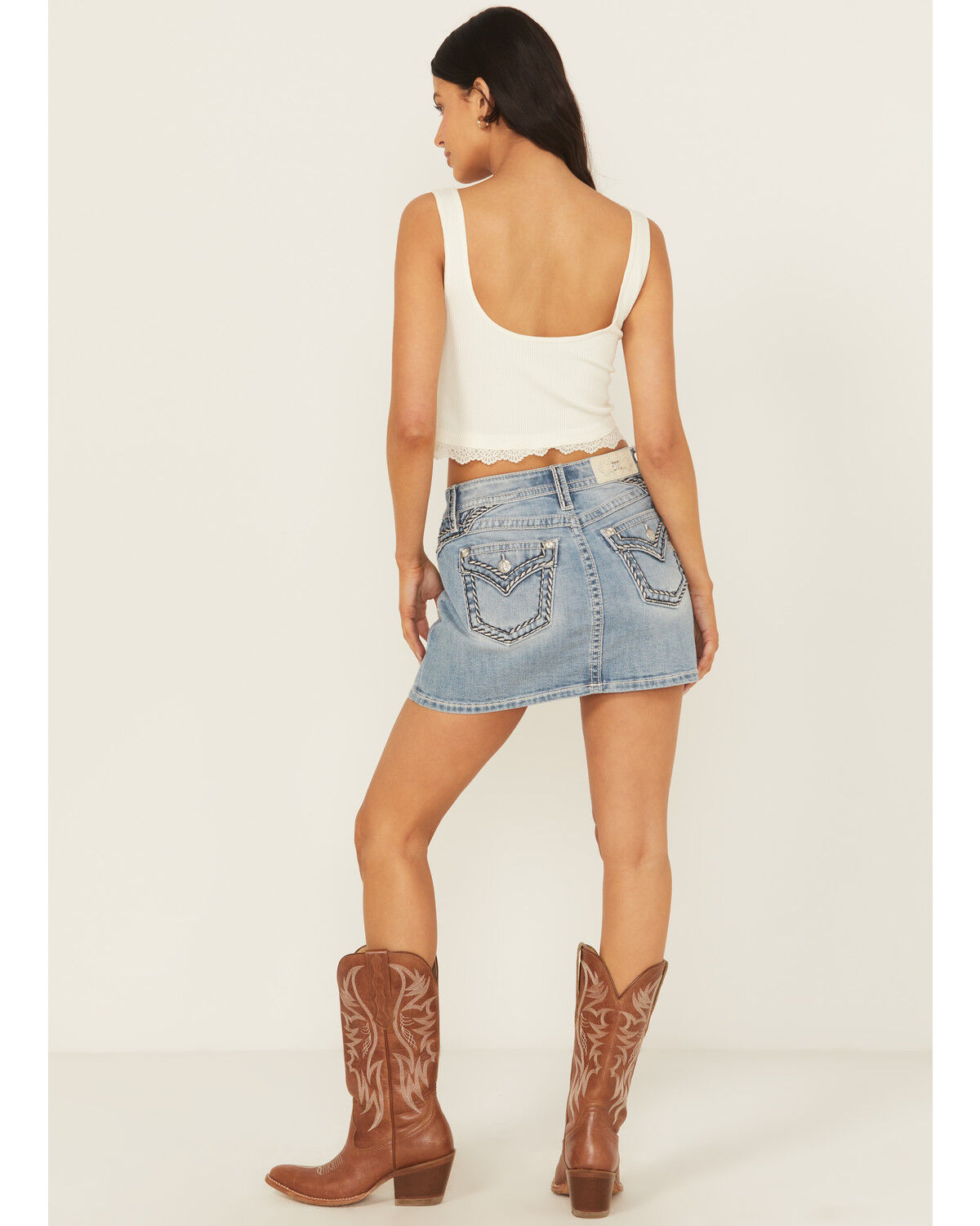 Image #1 - Miss Me Women's Light Wash Mid Rise Embroidered Denim Stretch Mini Skirt, Light Wash, hi-res