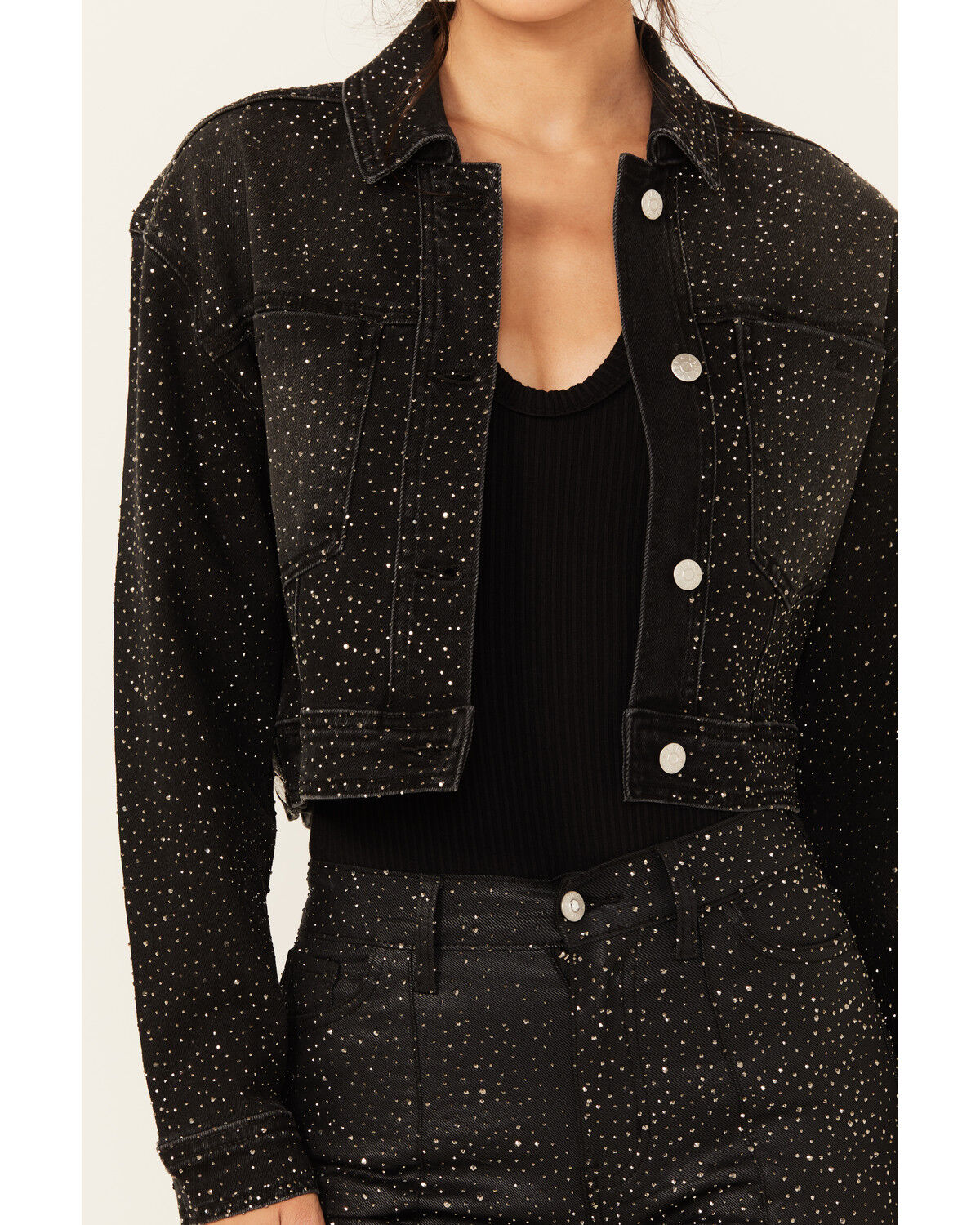 Image #3 - Vibrant Denim Women's Rhinestone Cropped Denim Trucker Jacket, Black, hi-res