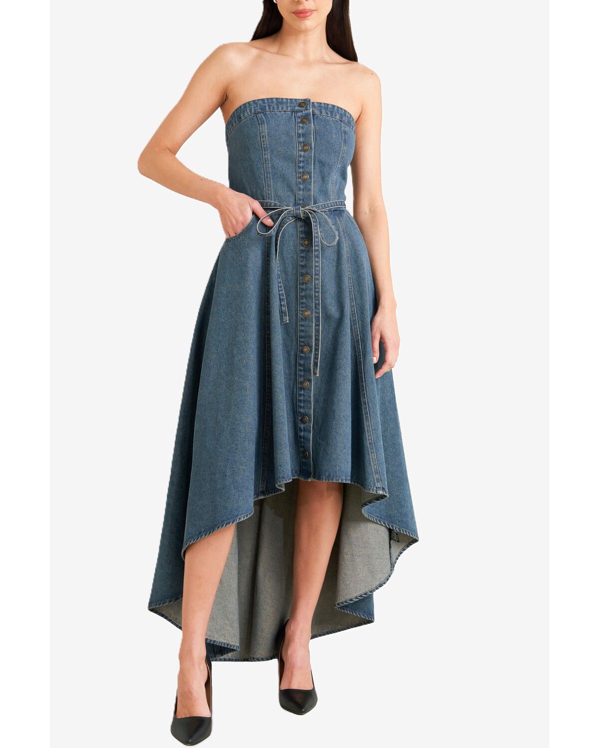 Flying Tomato Women's Midnight Volume Denim Midi Dress, Indigo, hi-res