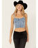 Image #1 - Vibrant Denim Women's Medium Wash Button Front Studded Corset Top, Medium Wash, hi-res