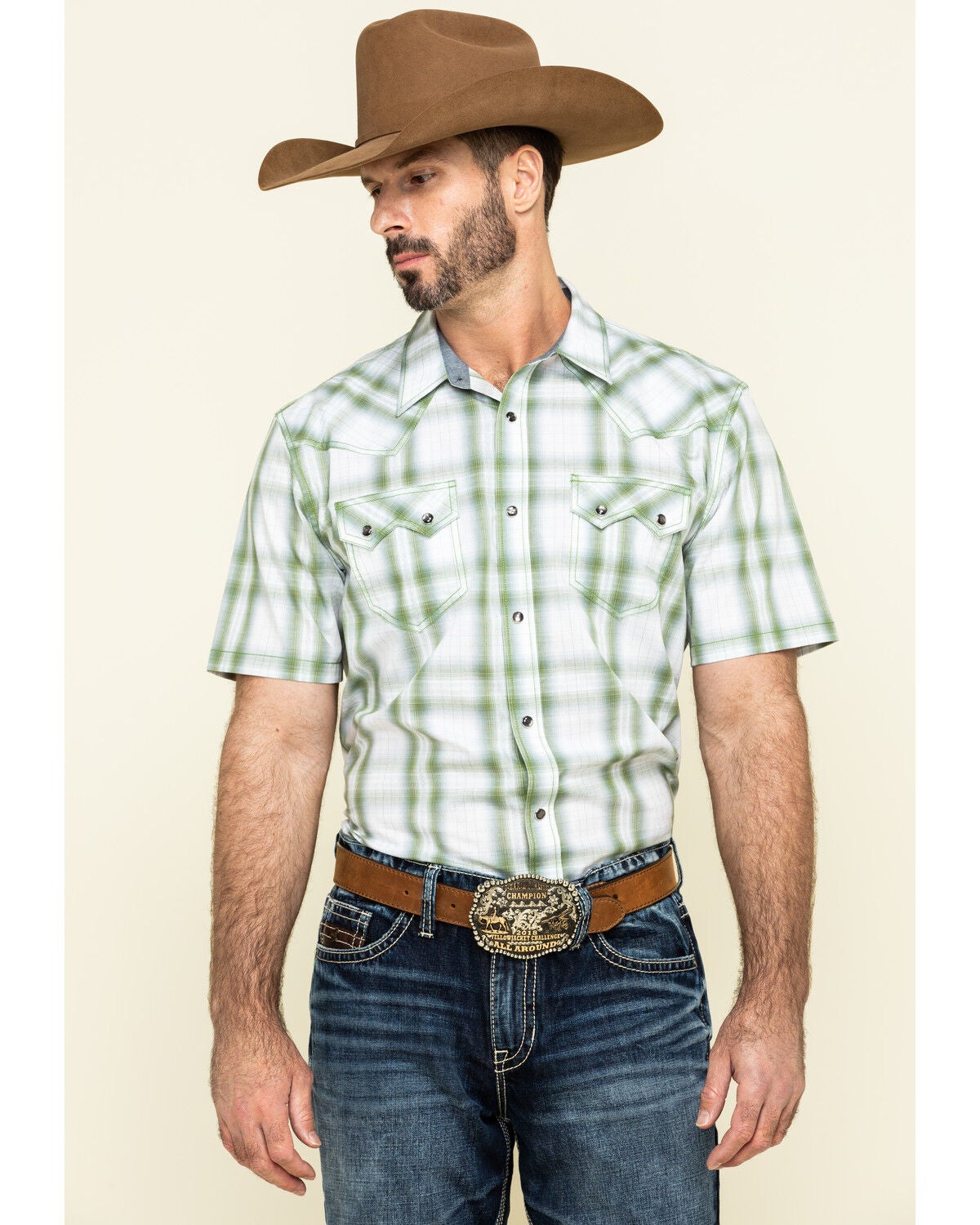 Image #1 - Cody James Men's Woodlands Large Plaid Short Sleeve Western Shirt, White, hi-res