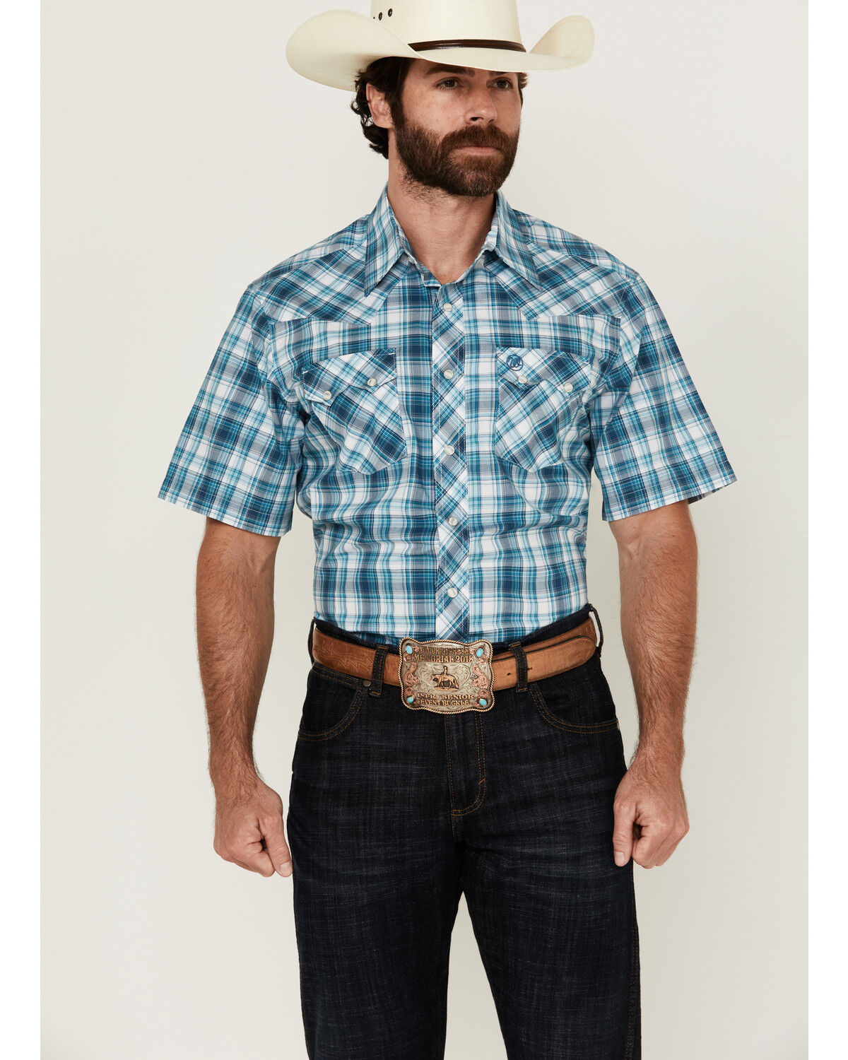 Image #1 - Wrangler Retro Men's Plaid Print Short Sleeve Snap Western Shirt, Turquoise, hi-res