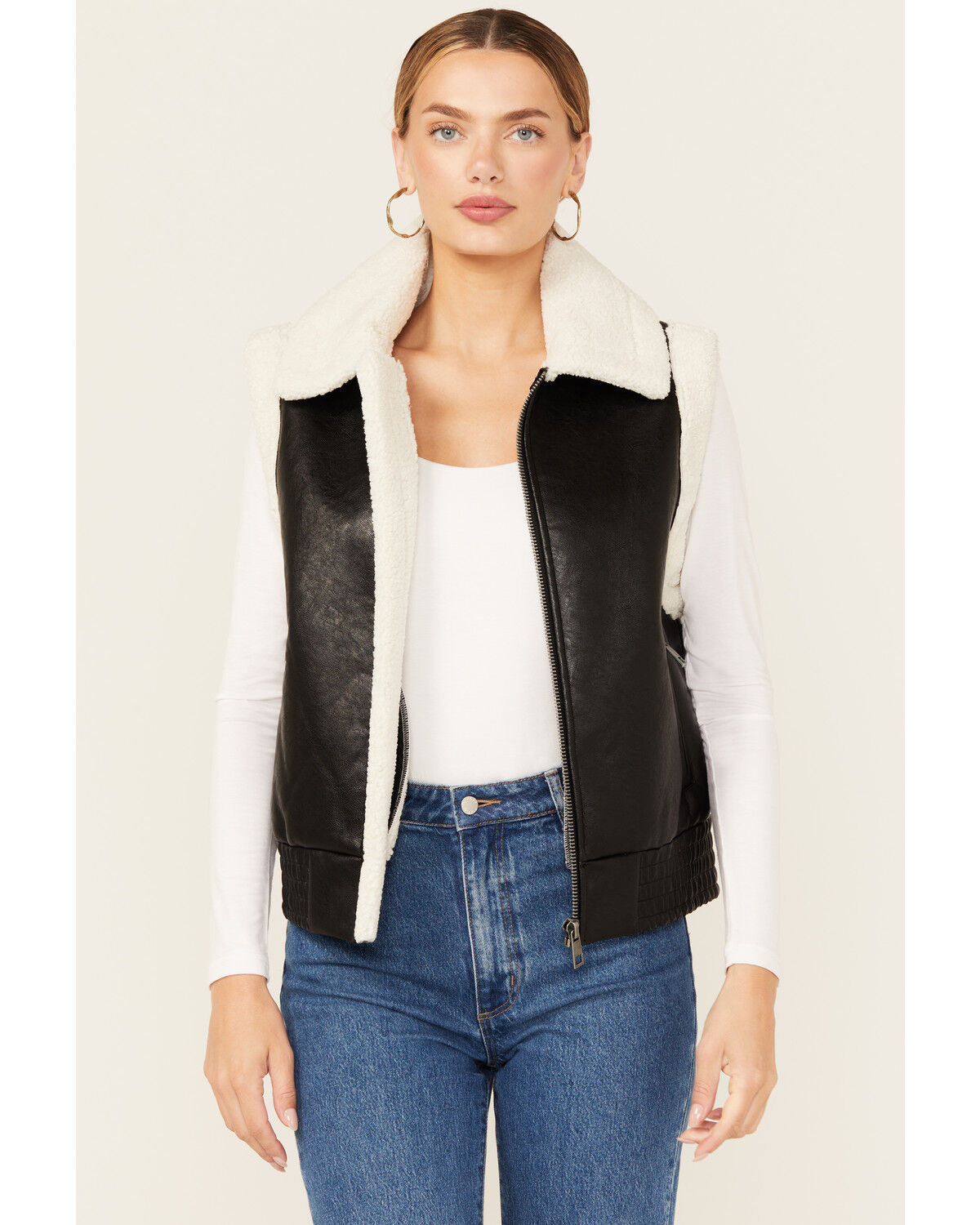 Ashley Women's Faux Leather Aviator Sherpa Zip-Up Vest - Country