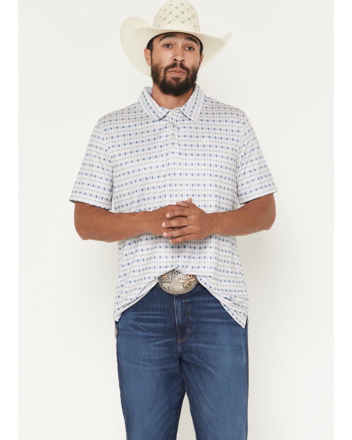 Panhandle Slim Men's Southwestern Print Short Sleeve Pearl Snap Performance Polo, Natural, hi-res