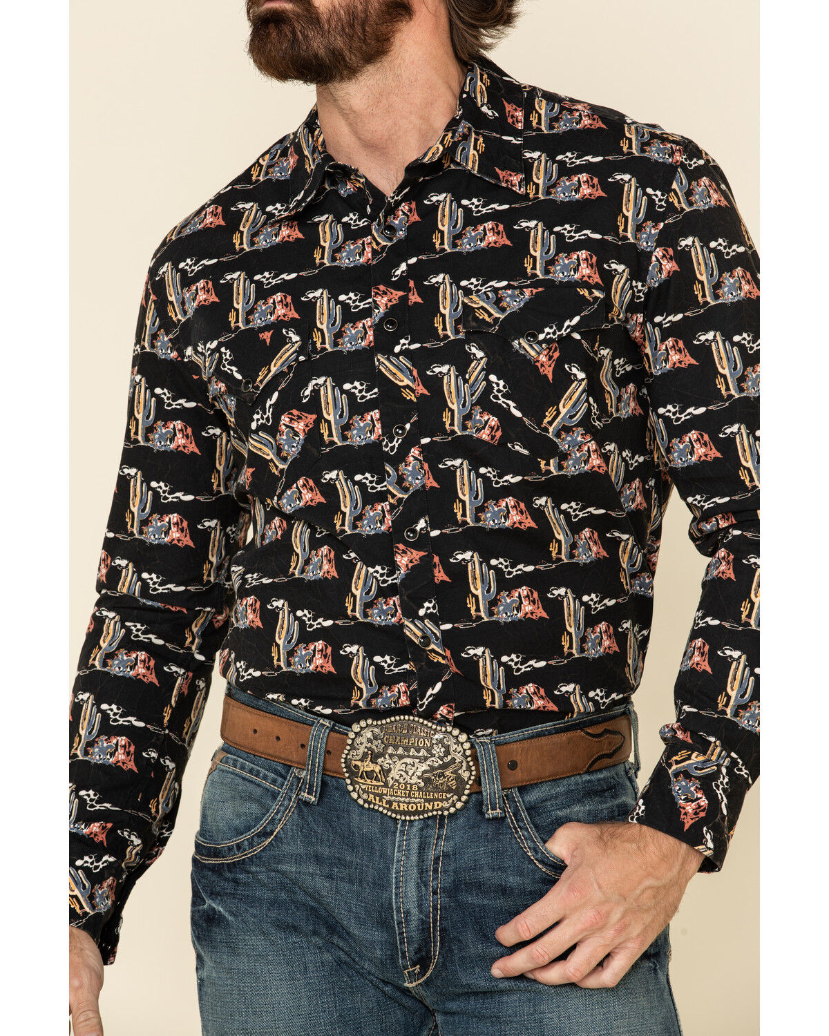 Image #4 - Dale Brisby Men's Cactus Print Long Sleeve Snap Western Shirt, Black, hi-res