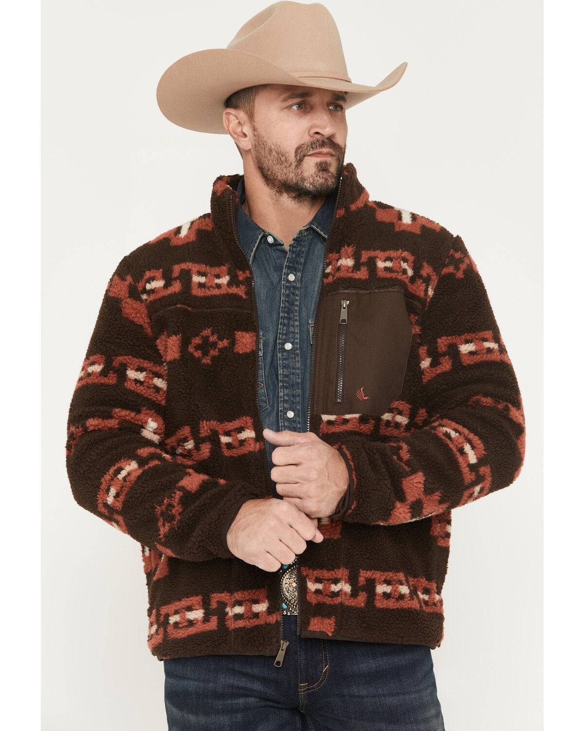 Cody James Men's Izard Southwestern Print Sherpa Zip Jacket, Brown, hi-res