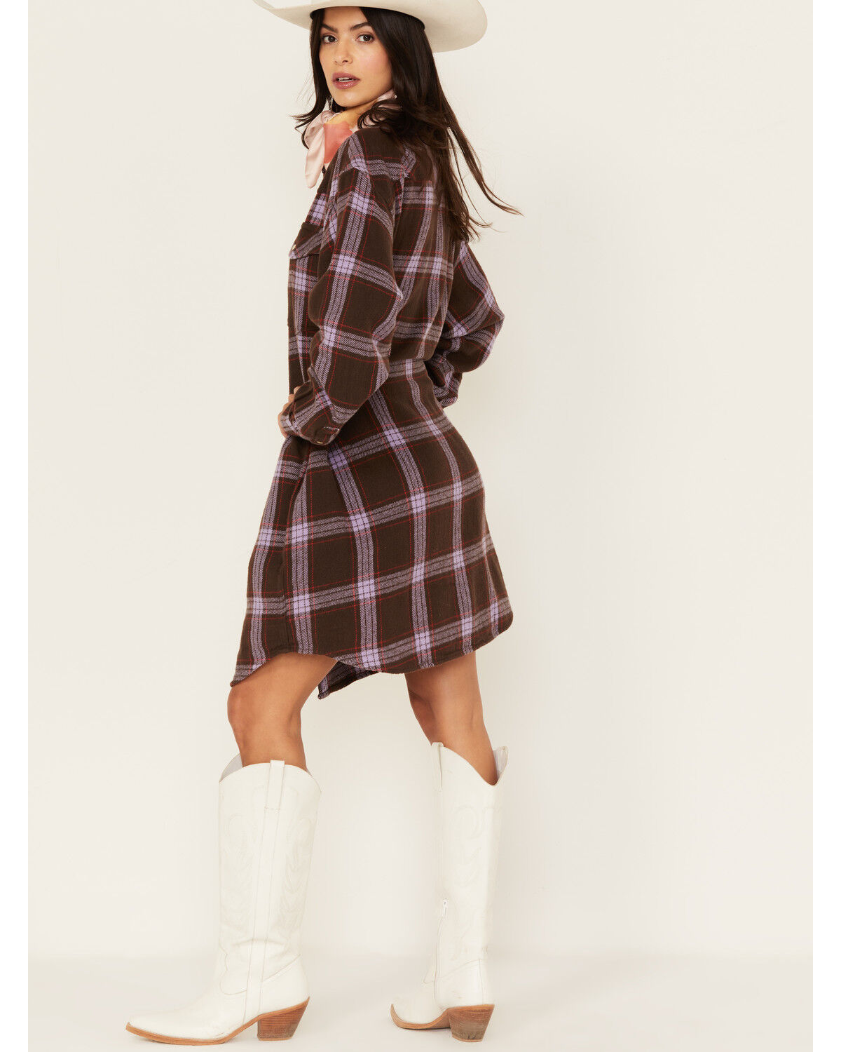Image #4 - Wrangler Women's Jumbo Plaid Print Long Sleeve Western Mini Dress, Brown, hi-res
