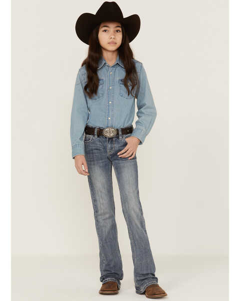 Image #1 - Rock & Roll Denim Girls' Embellished Pocket Panel Bootcut Jeans, Blue, hi-res