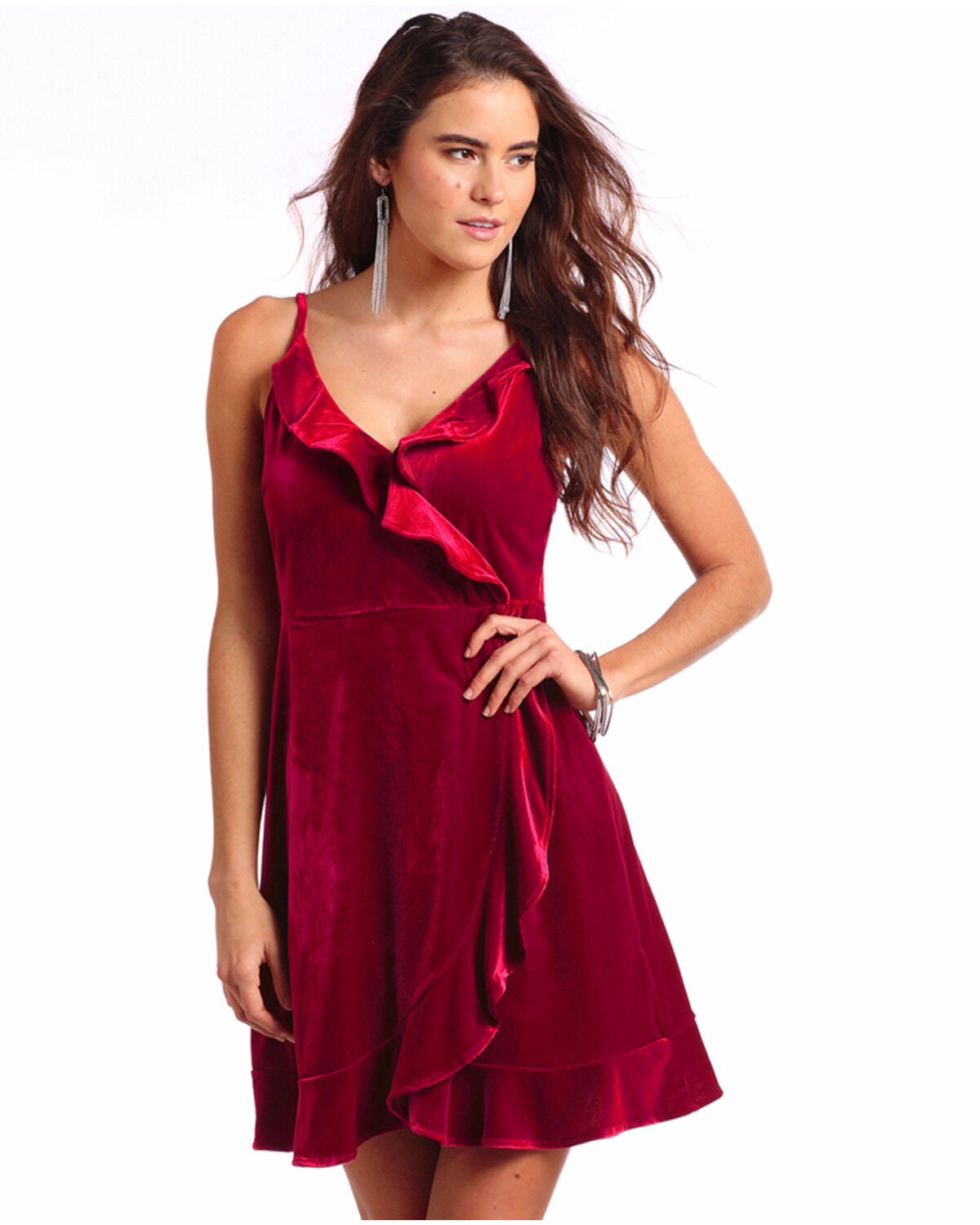 red ruffle wrap dress