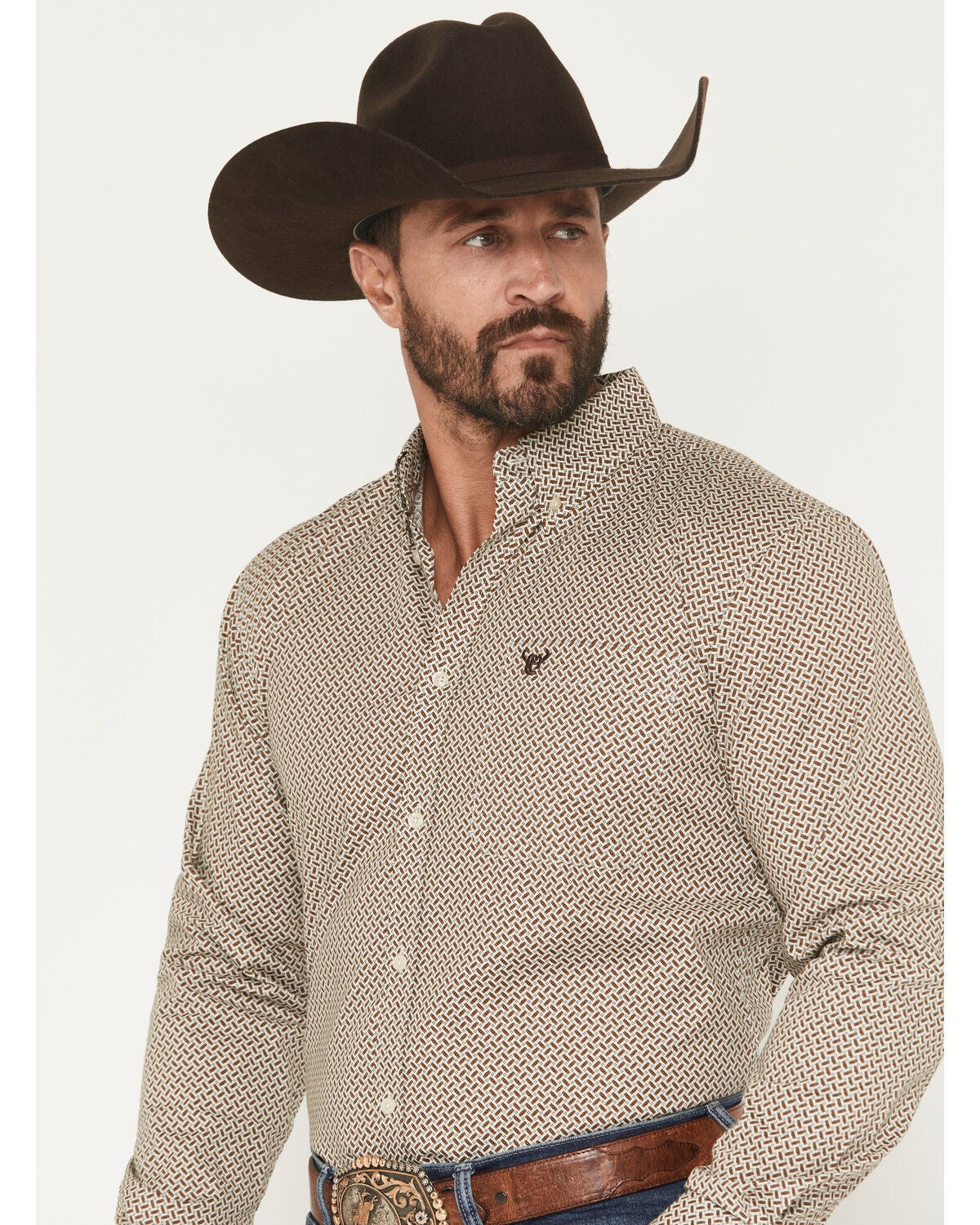 Image #2 - Cowboy Hardware Men's Basket Weave Geo Print Long Sleeve Button-Down Stretch Western Shirt, Tan, hi-res