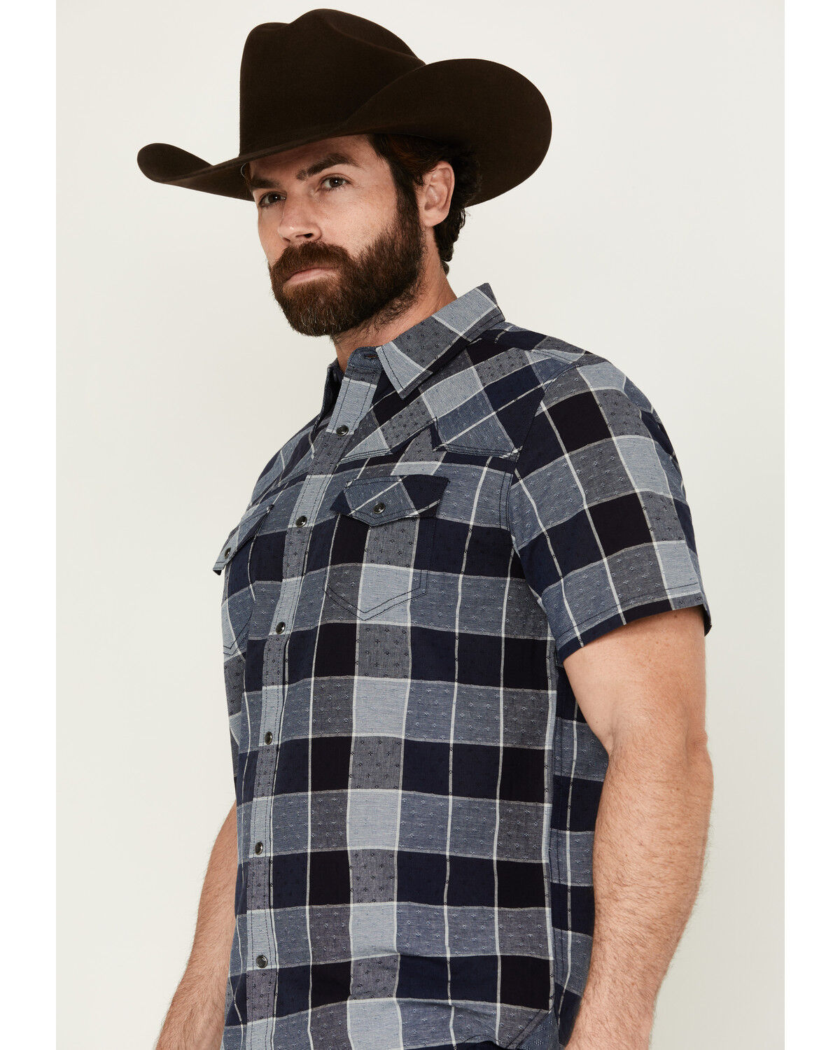 Image #2 - Moonshine Spirit Men's Collide Plaid Print Short Sleeve Snap Western Shirt, Blue, hi-res