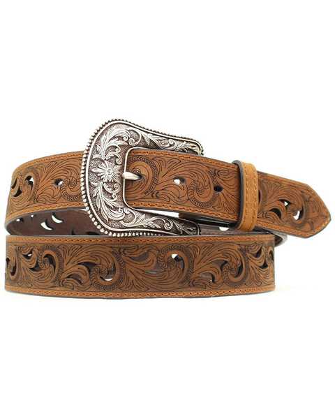 Image #1 - Ariat Paisley Design Cutout Leather Belt, Brown, hi-res