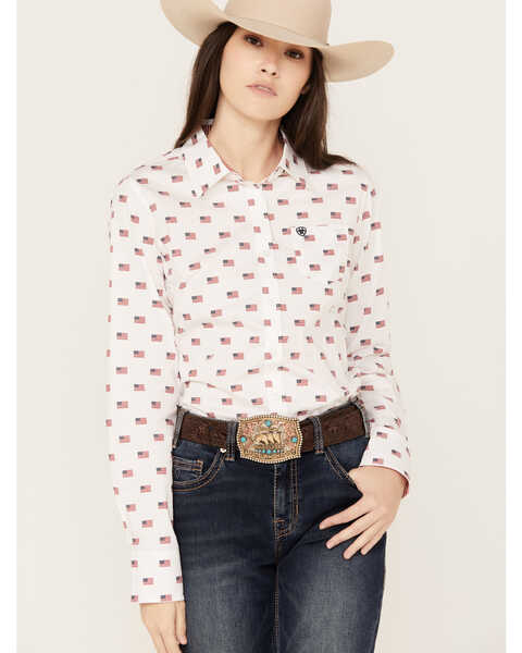 Ariat Women's Kirby USA Print Button Down Long Sleeve Stretch Western Shirt, White, hi-res