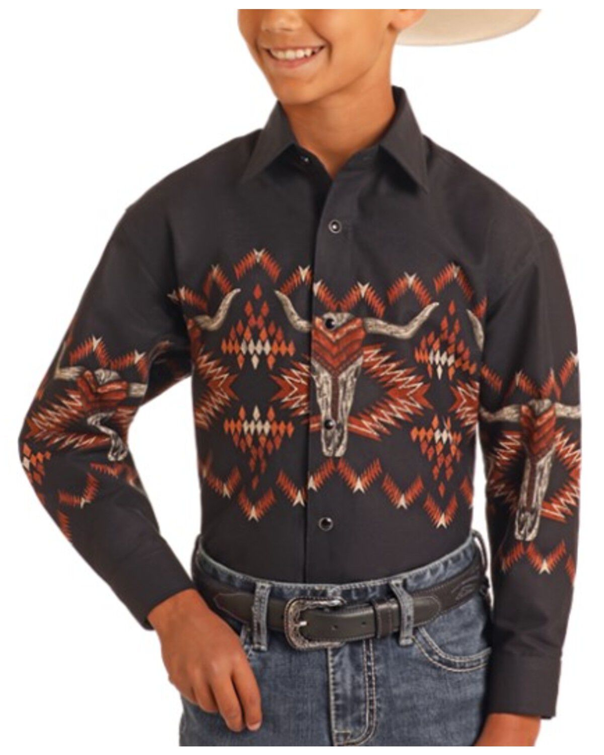 Image #1 - Panhandle Boys' Long Horn Border Print Long Sleeve Snap Western Shirt, Black, hi-res