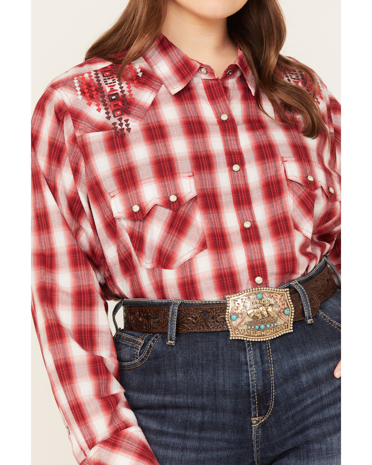 Image #3 - Ariat Women's Embroidered Plaid Print Long Sleeve Western Pearl Snap Shirt - Plus, Red, hi-res